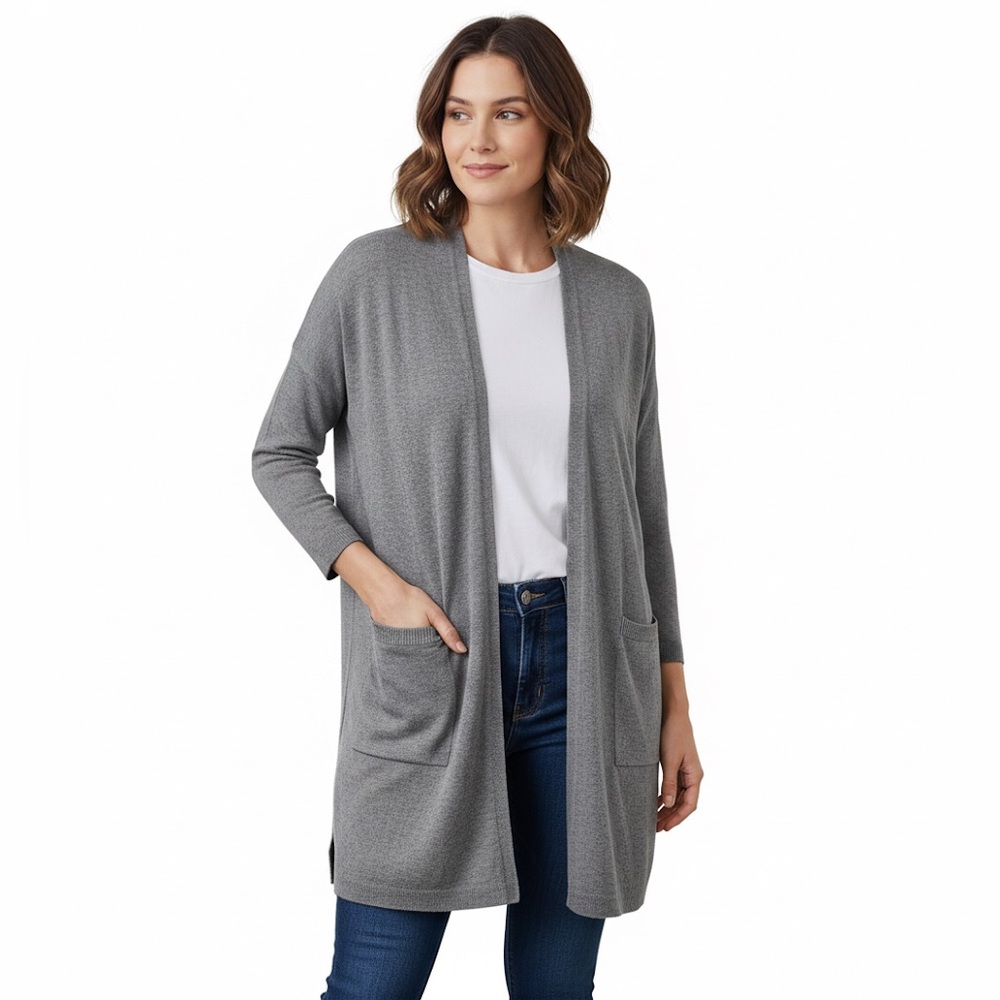 Kit and Ace One Size Silk Wool Cashmere Blend Open Cardigan Grey